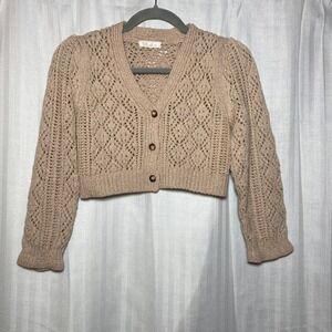 Blush BJ Tan Crochet Knit Cropped Cardigan Sweater Puff Sleeve Button Front S
